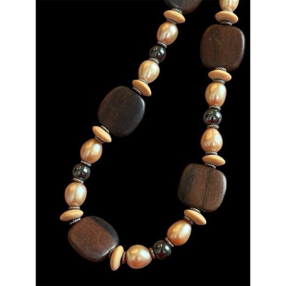 Sterling Silver Freshwater Pearl Hematite And Wood Bead Choker Necklace 15-17”